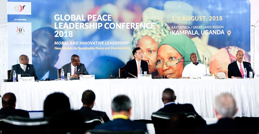 From left: H.E. Gaston Sindimwo, First Vice President, The Republic of Burundi; H.E. Salva iir Mayardit, President, The Republic of South Sudan; Dr. Hyun Jin P. Moon, Founder & Chairman, Global Peace Foundation; H.E. President Yoweri Museveni, President, The Republic of Uganda; Dr. Amani Abeid Karume, former President Zanzibar