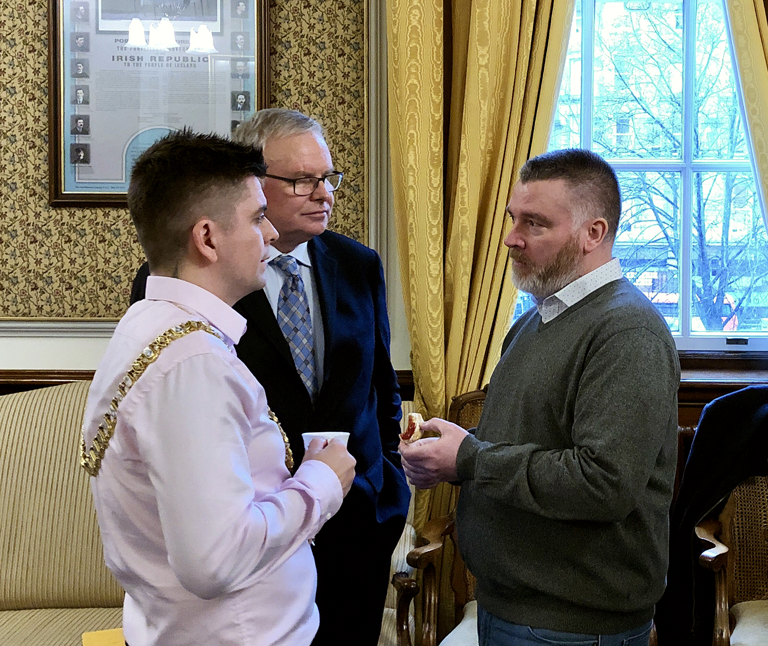 Lord Mayor Daniel Baker, GPF Vice President Tony Devine, and Co-Operation Ireland Barry Fennell