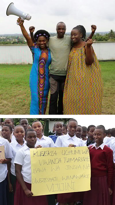 Top: Annastazia Anthony and GPF representatives support girls at 2018 International Day of Women event in Tanzania Bottom: Students support