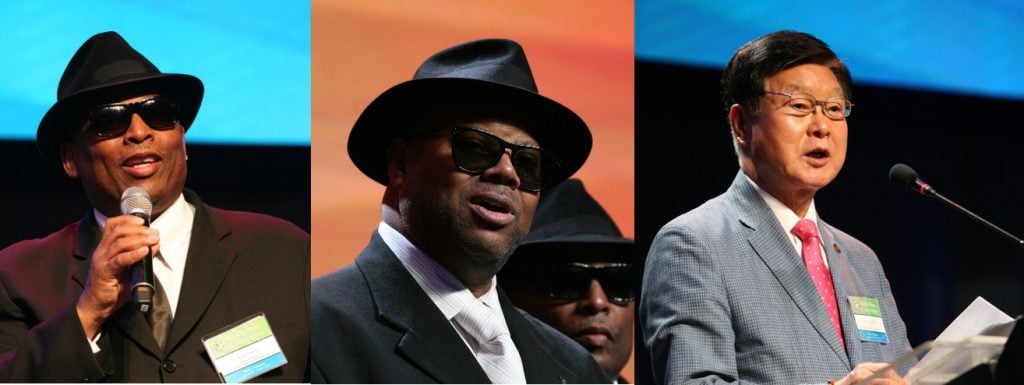 (left to right) Six-time Grammy award production team, Jimmy Jam and Terry Lewis, Honorable Hwa Gahp Hahn, President of Korea Peace Foundation.