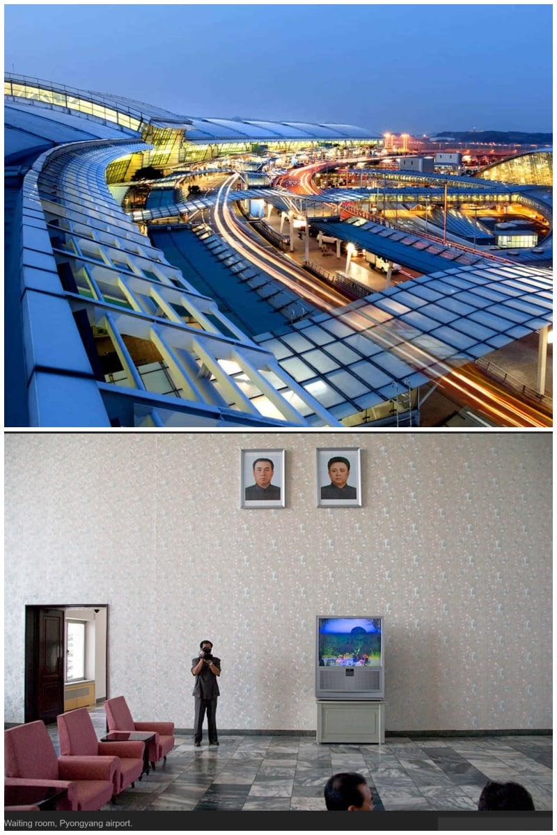 Inchon International Airport in South Korea (top) and a waiting room at Pyongyang Airport.