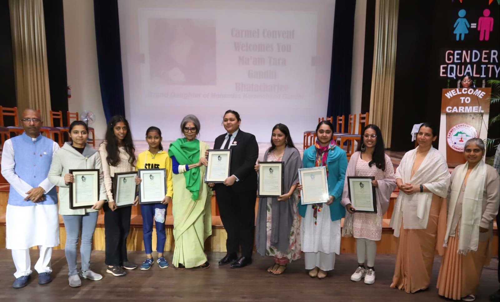 Tara Gandhi Bhattacharjee with girls of the India peace camp