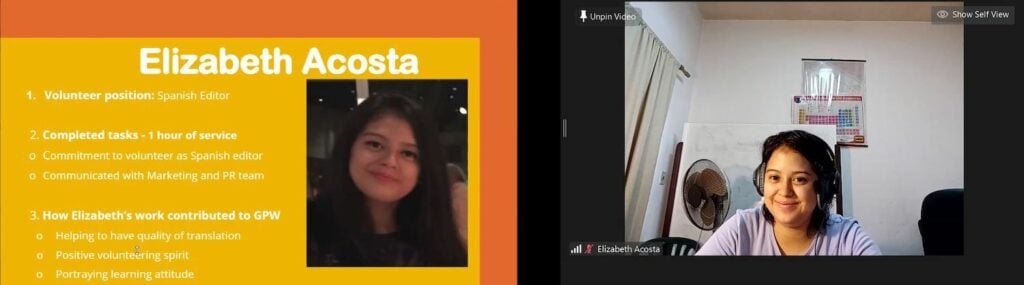 Elizabeth Acosta introduces herself during the Global Peace Women Leadership Academy online
