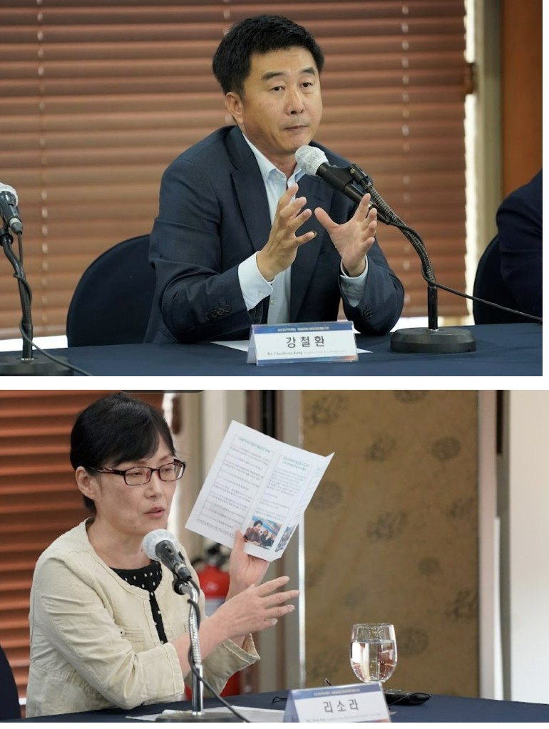A group of people sitting at a table, supporting human rights in North Korea.