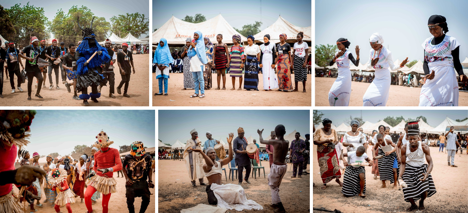 A collage of six images depicting various cultural performances with people in colorful clothing and masks, dancing and participating in rituals outdoors during the Lapai Peace Festival.