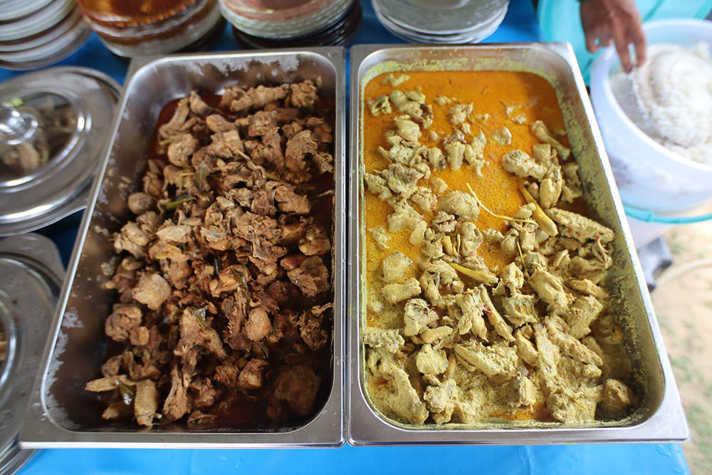 Two trays of cooked chicken dishes placed side by side on a blue tablecloth, one with a stew and the other with a curry sauce inspired by Malaysian farmers.
