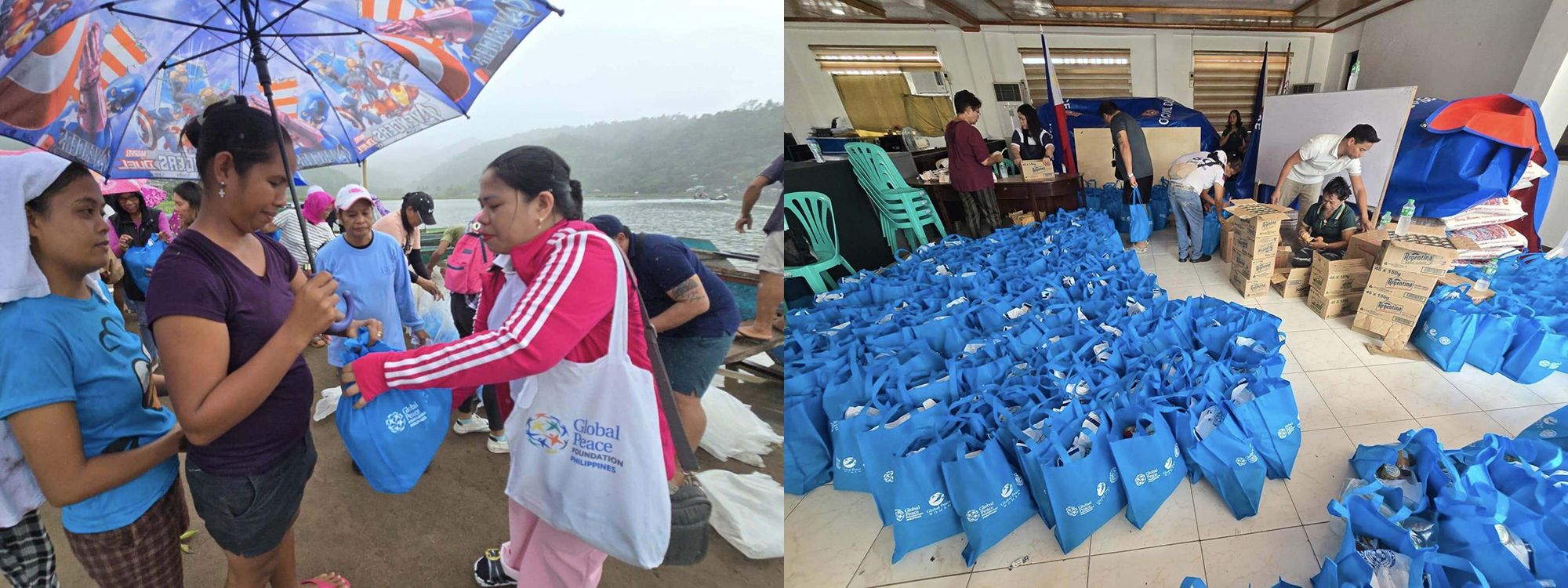 In Camarines Sur, GPF Philippines leads efforts to rebuild communities, with volunteers distributing relief packages both outdoors (left) and indoors (right), where bags and boxes stand ready for distribution.