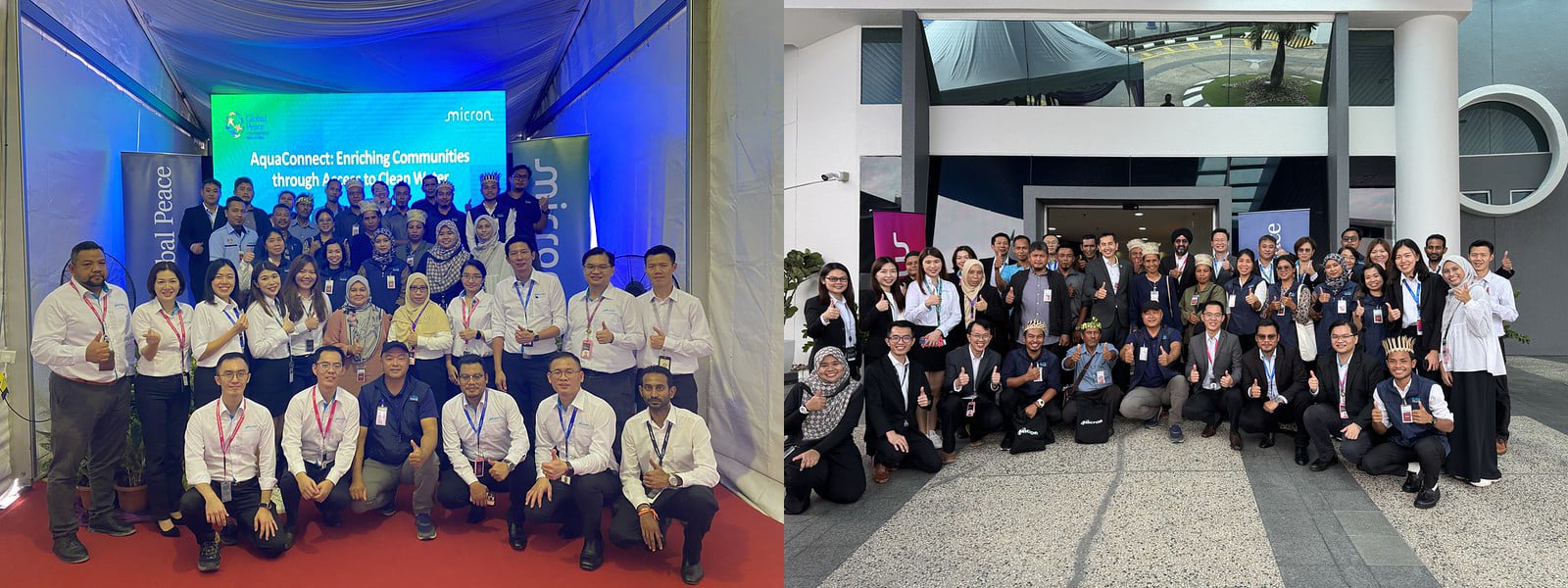 Two group photos: In the first, people pose in a tent, some wearing lanyards. The second shows a team outside a building, many giving thumbs up. Both groups appear professionally dressed as Micron and Global Peace partner to bring clean water to Orang Asli communities.