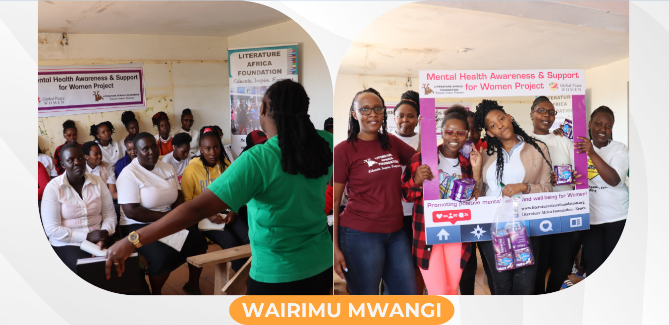 A group of empowered women and a few men hold signs and a project banner, advocating for mental health awareness and support in peacebuilding. The effort, highlighting "Wairimu Mwangi, Kenya," emphasizes women empowerment as a cornerstone for strengthening families.