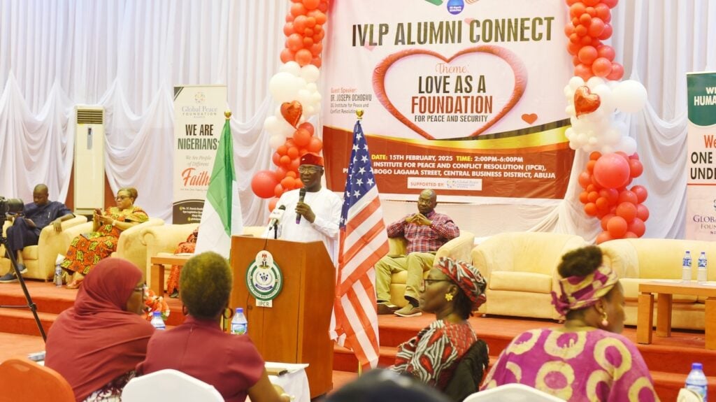 A speaker addresses an audience at the IVLP Alumni Connect event, themed