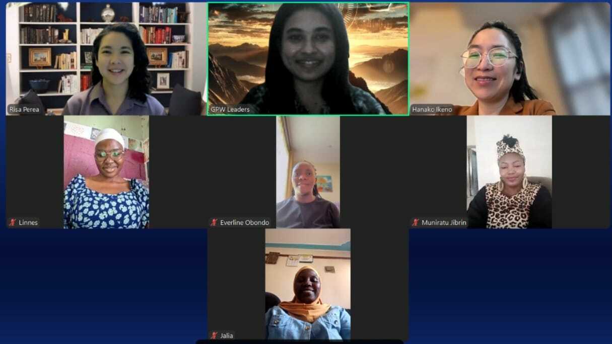 Seven women are participating in a virtual meeting hosted by Global Peace Women, each in a separate video call window with neutral or smiling expressions, united in their vision of youth for peace.